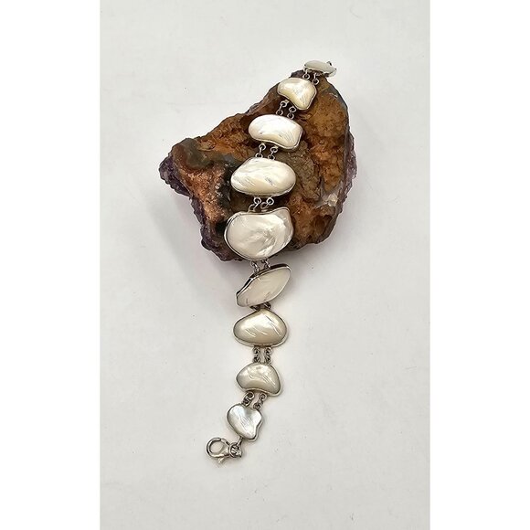 Unbranded Jewelry - Vintage 925 Sterling Silver Mother of Pearl Shell Bezel Setting Bracelet Jewelry